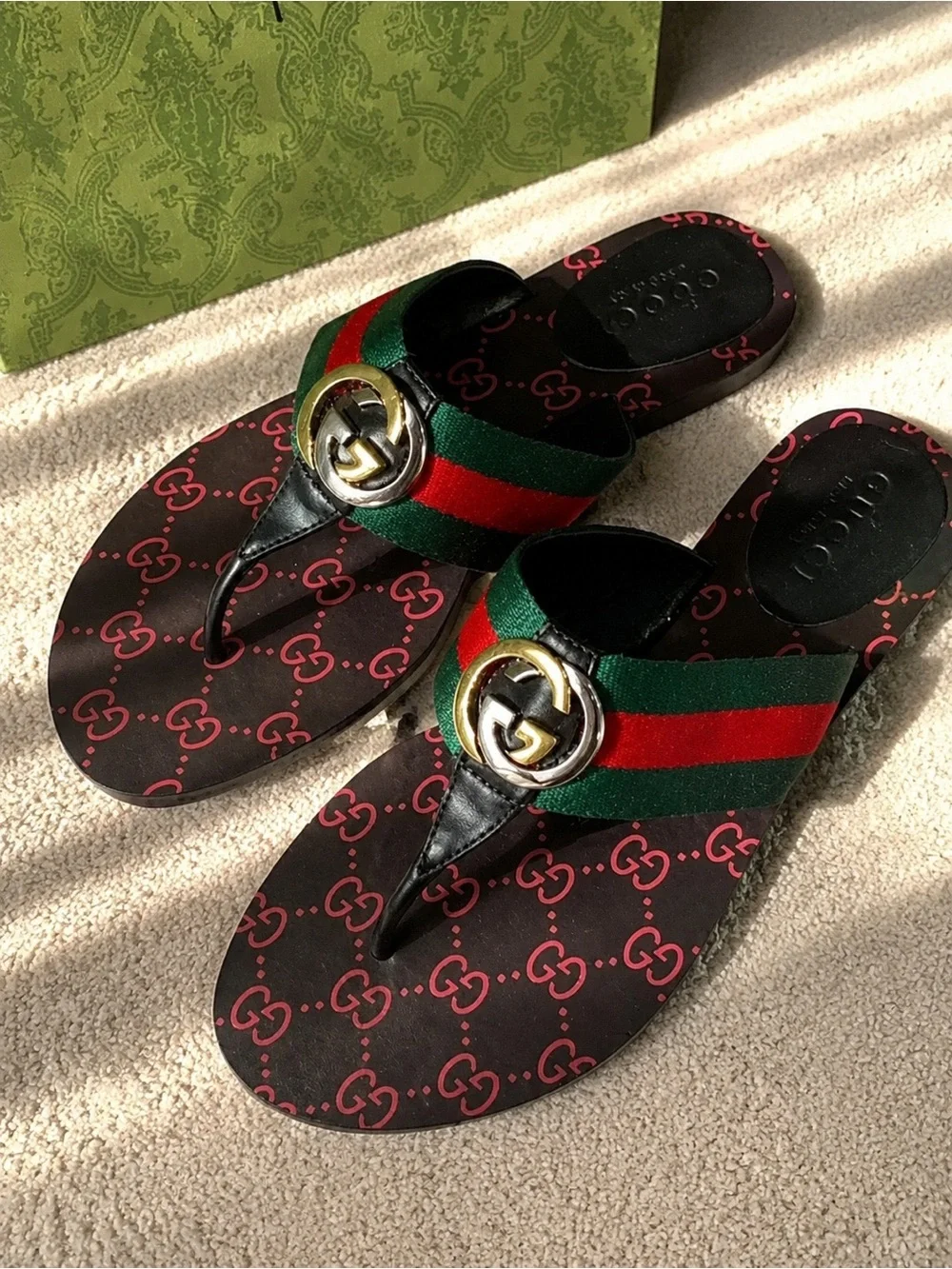 Gucci Green Red Black GG Web Thong Sandals with Gold Double G